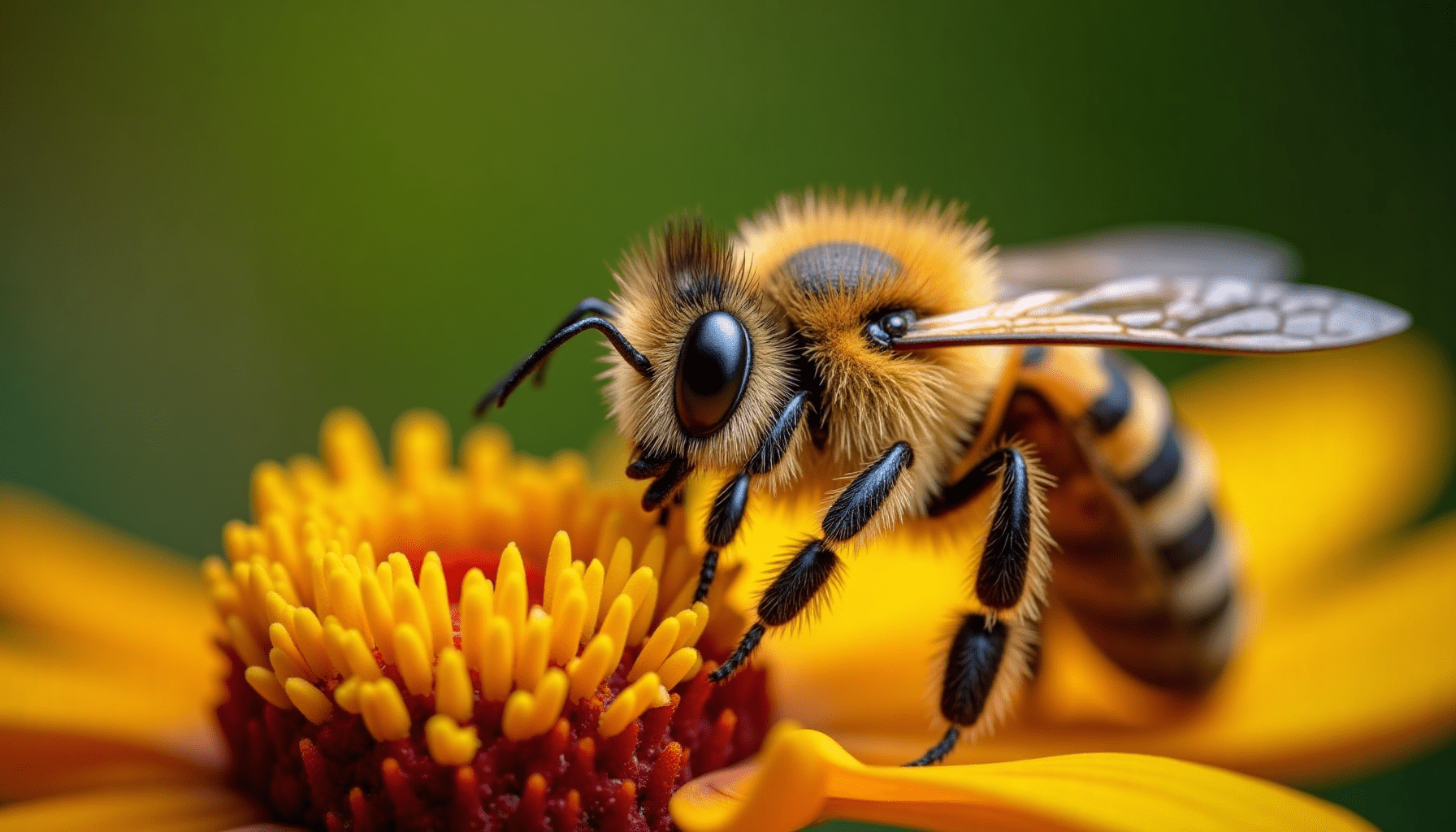Close-up of a honey bee on a flower, showcasing bee differences and details.