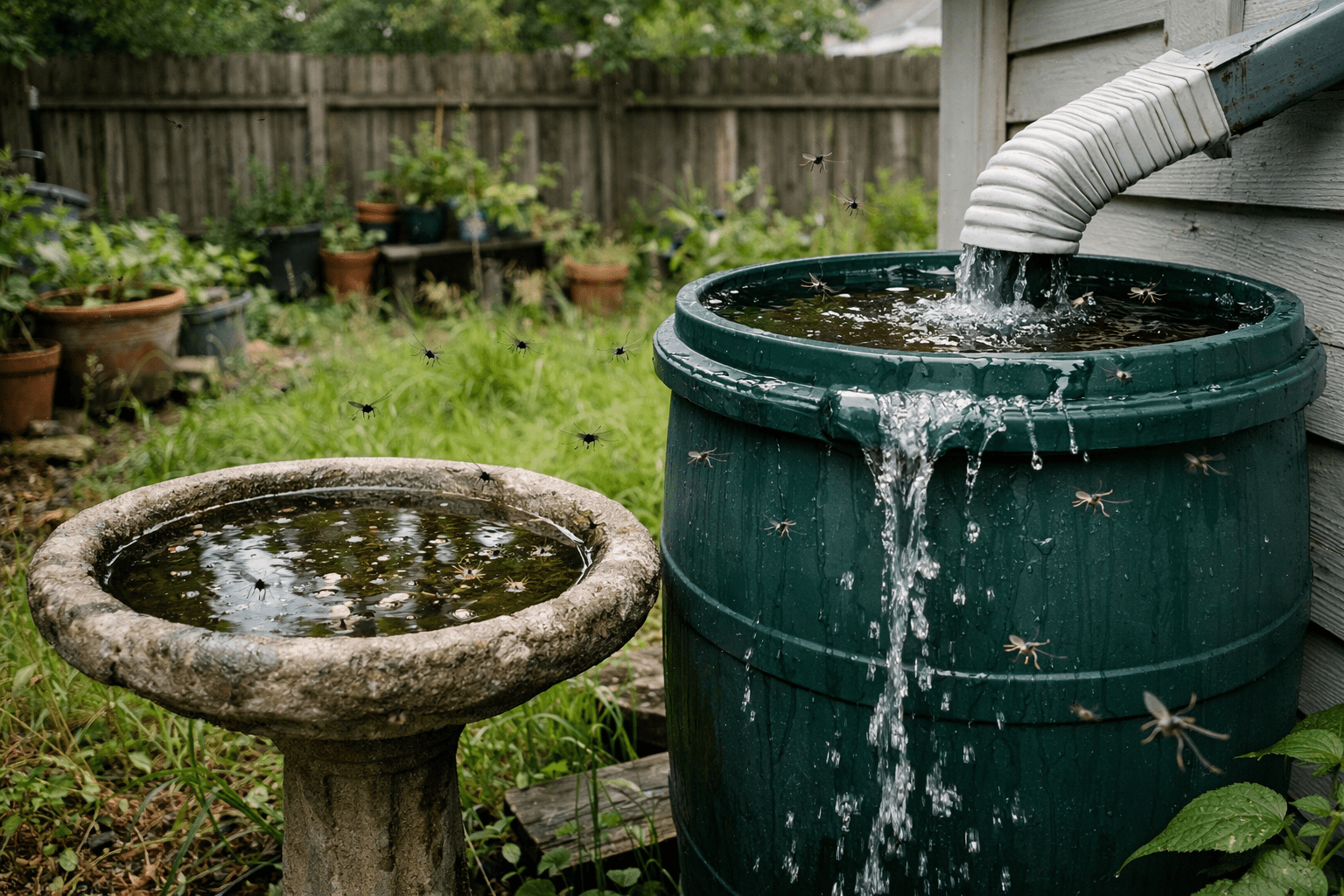 Backyard with standing water and vegetation showing mosquito habitat and breeding grounds