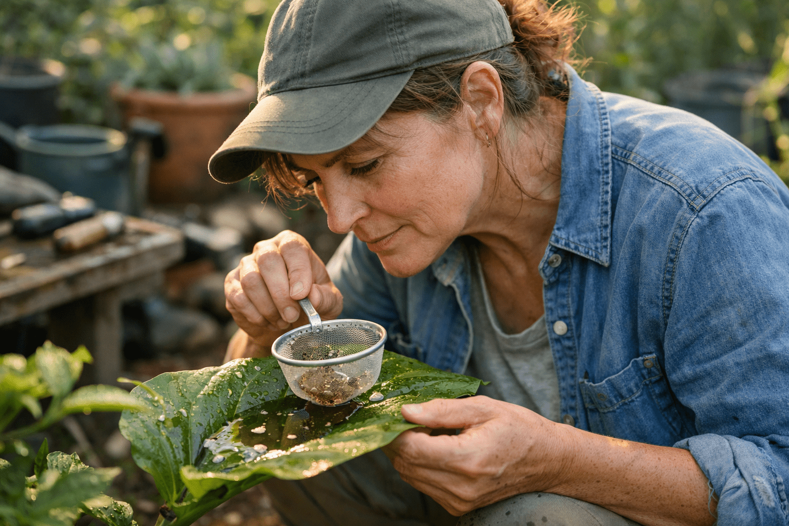 Person inspecting plants and water sources to monitor mosquito activity and travel distance