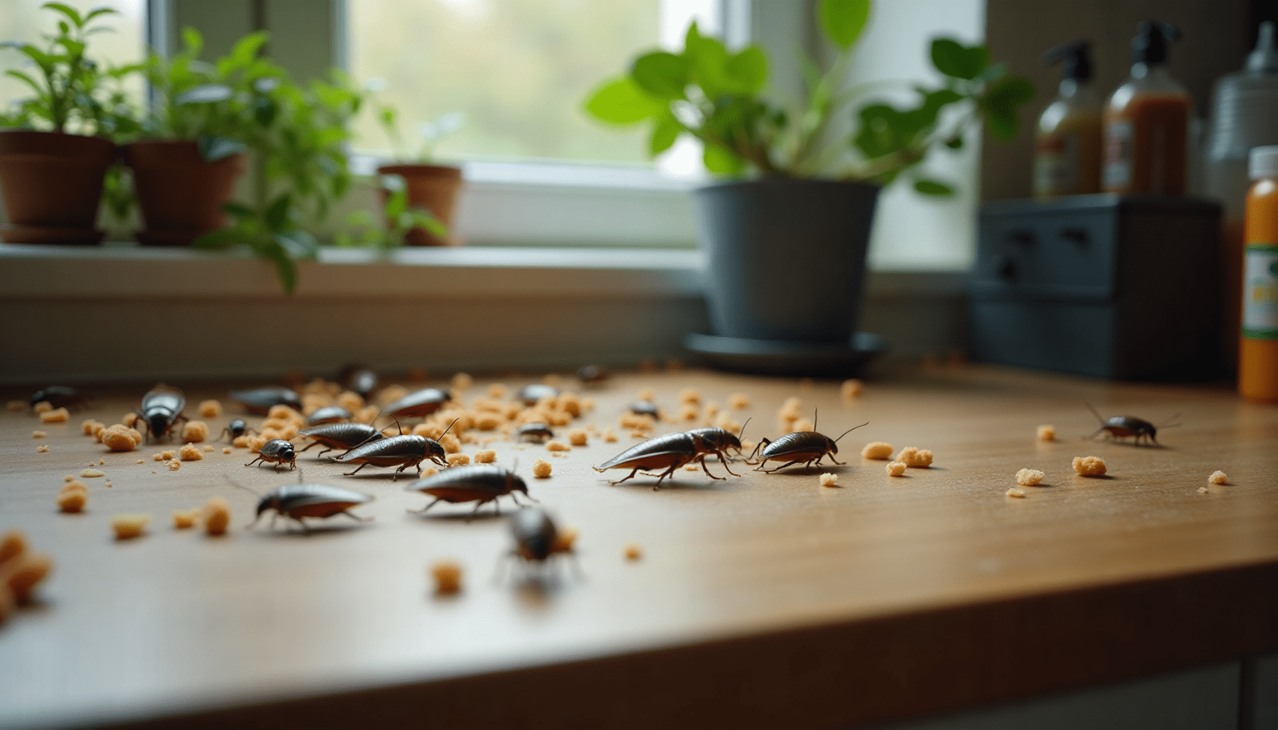 A kitchen scene showing potential cockroach habitat with food debris and plants.