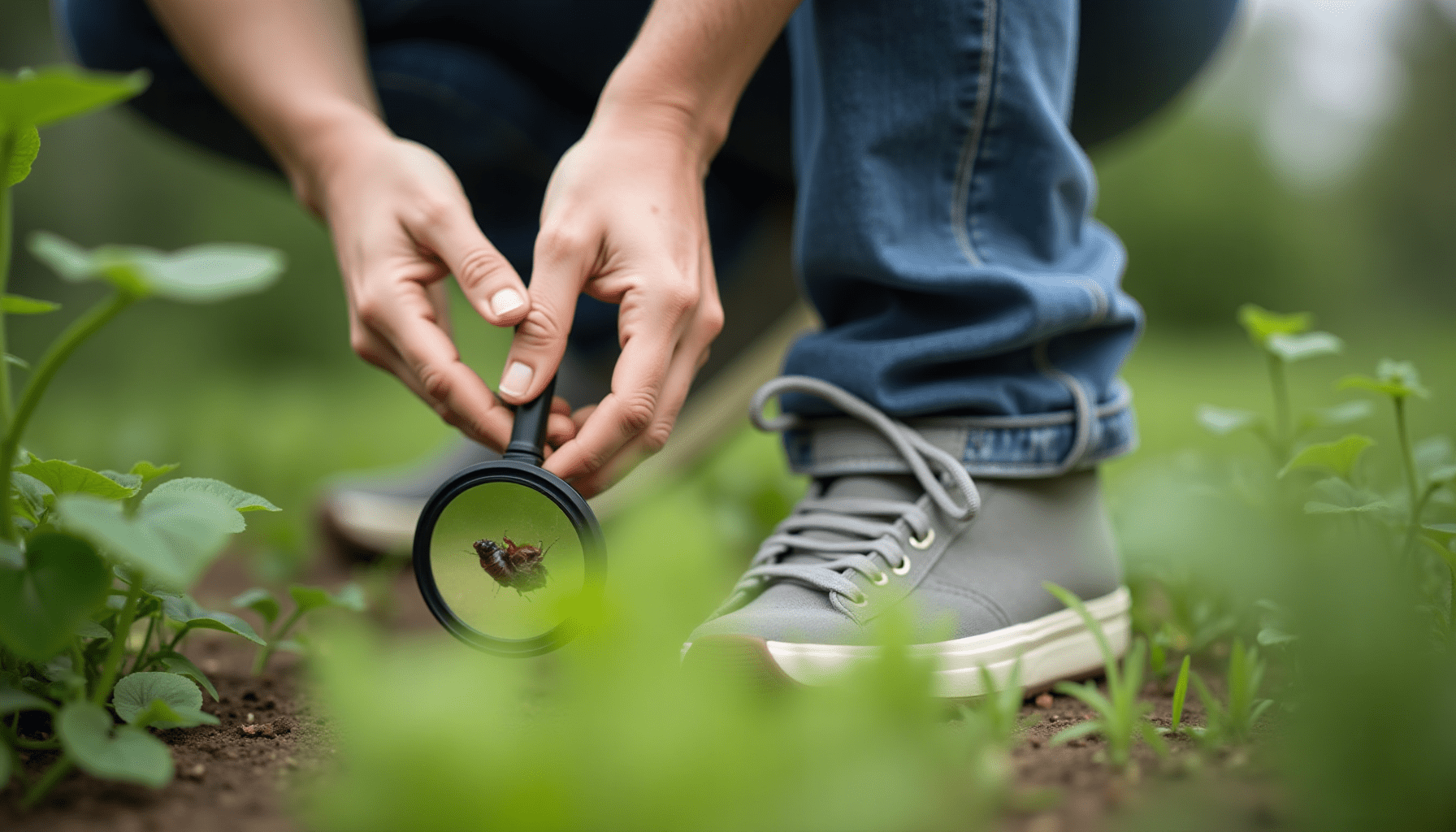 Individual examining plants for cockroach signs, focusing on natural pest control methods.