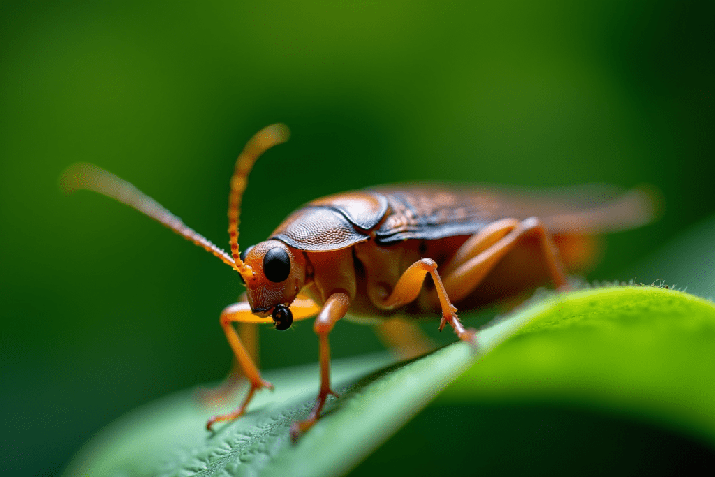Close-up of a cockroach displaying its intricate details and vibrant colors in a natural setting.