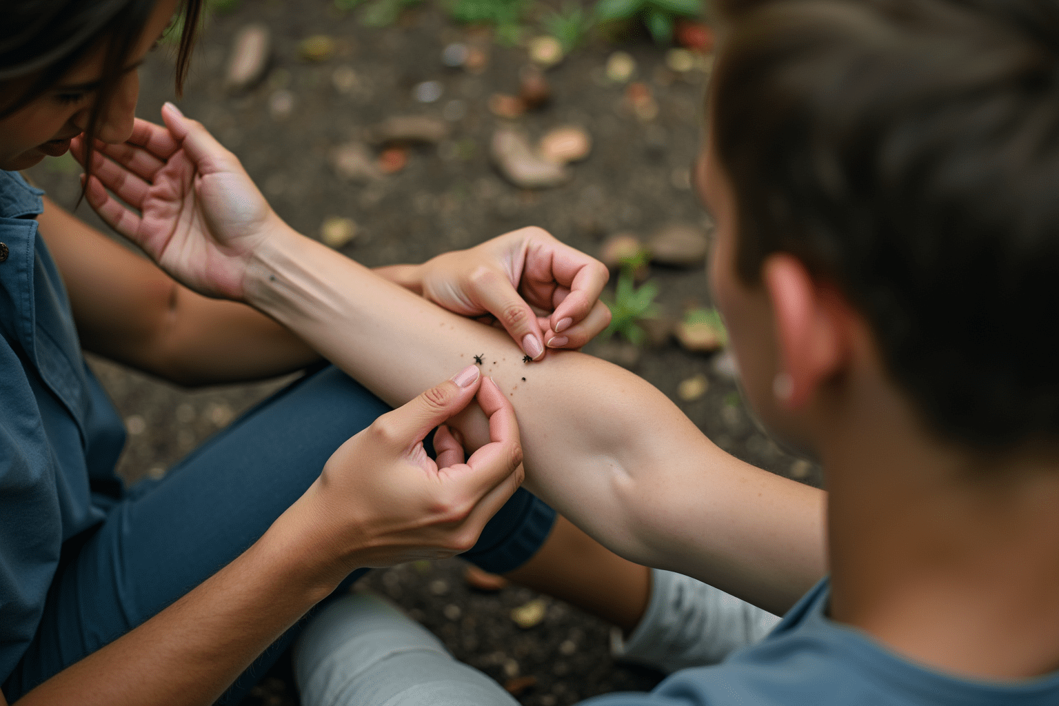 Person checking for ticks on their arm, emphasizing prevention of tick-borne illness.