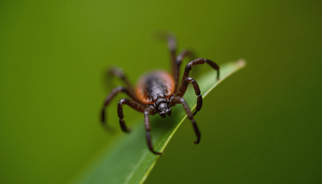 Close-up of a tick on a leaf, highlighting details relevant to tick disease transmission.