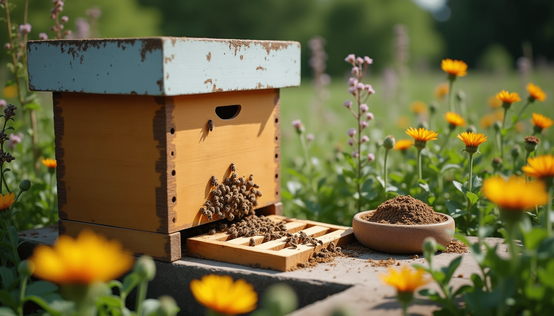 Beehive in a garden setting, illustrating the environment for honey production and beekeeping.