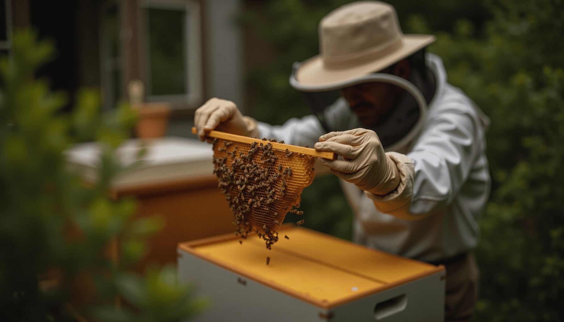 Backyard beekeeper inspecting honeycomb, demonstrating practical beekeeping for honey production.