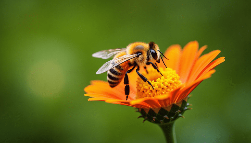 Close-up of a honeybee on a flower, highlighting details of honey production and beekeeping.