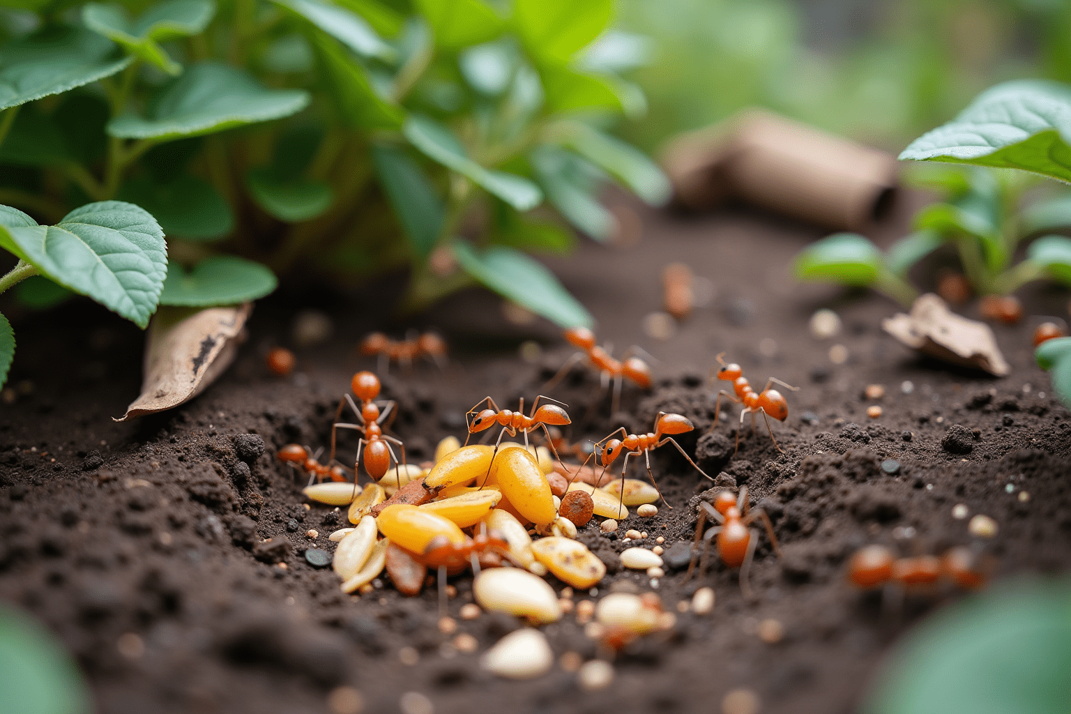 A busy ant colony in a garden, illustrating their teamwork and strength in moving food.