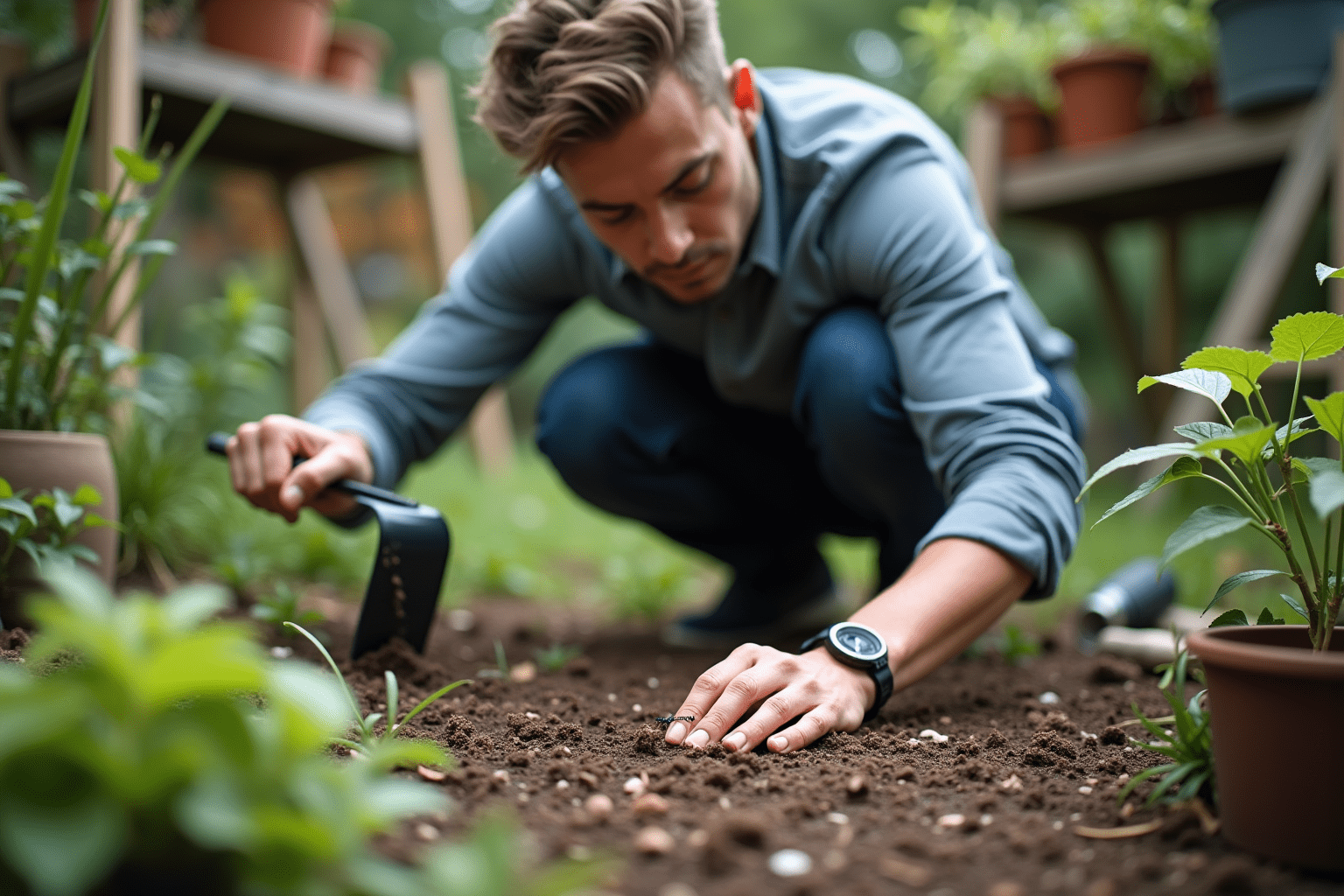 A person inspecting a garden for ants, highlighting their curiosity about insect behavior.