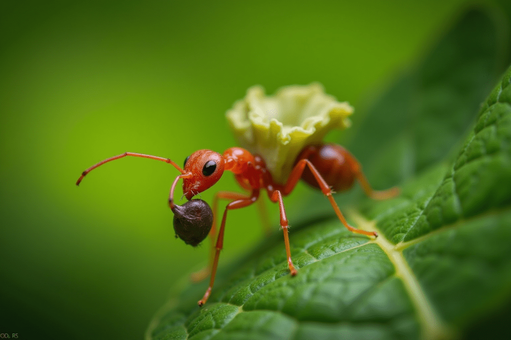 Close-up of a leaf-cutter ant demonstrating its strength while carrying a large leaf piece.