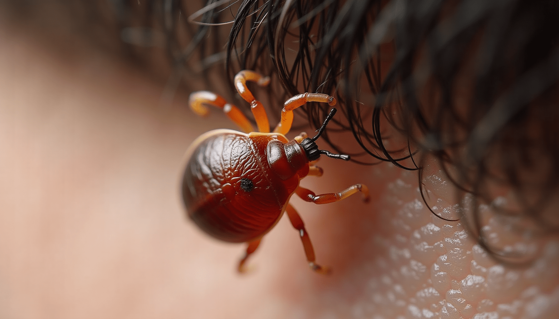 Dramatic macro shot of a head louse on a human hair strand, showcasing the signs of head lice.