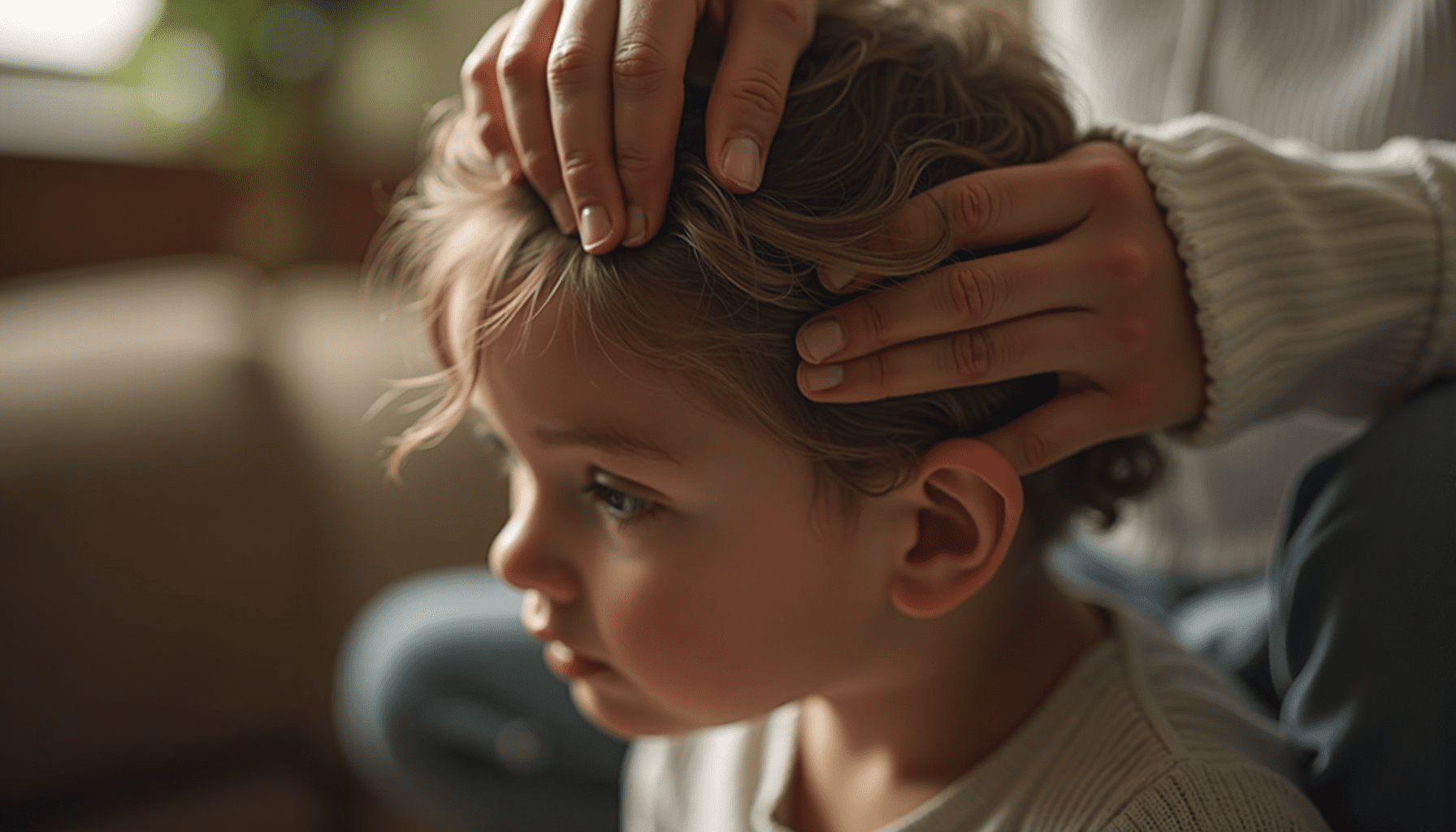 Parent gently inspecting a child's hair with a comb, demonstrating how to check for lice.