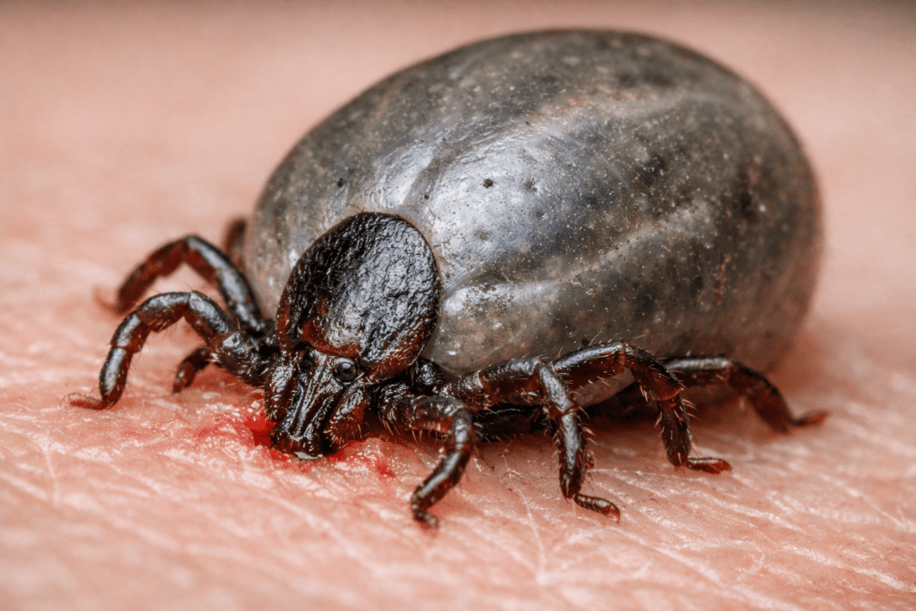 Macro close-up of engorged tick on skin showing detailed anatomy for tick identification and removal