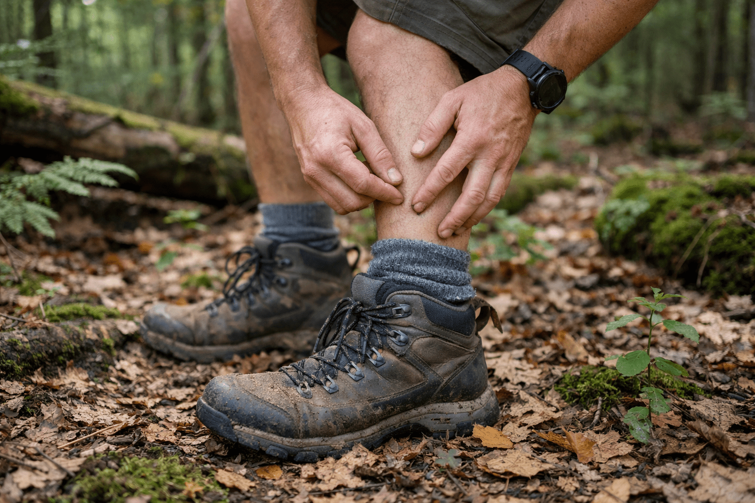 Hiker checking legs and socks for ticks after forest trail hike in natural woodland setting