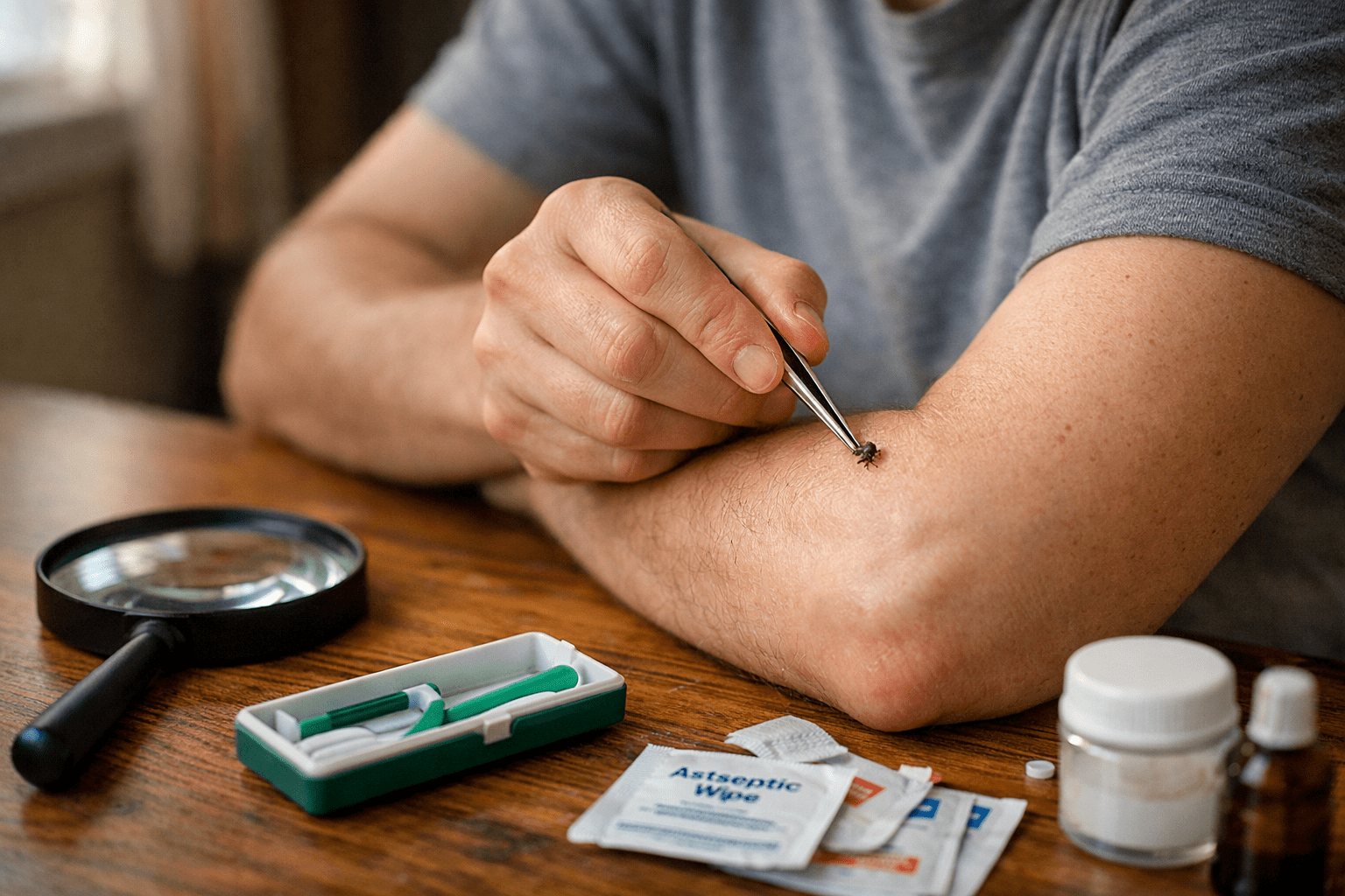 Person using tweezers to safely remove tick from arm at home with proper tick removal supplies