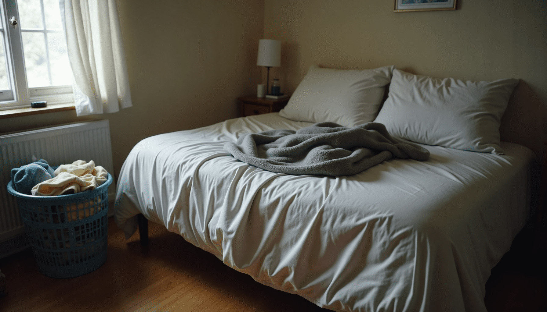 A bedroom scene with rumpled bedding and a laundry basket, depicting a typical home environment for lice house cleaning.