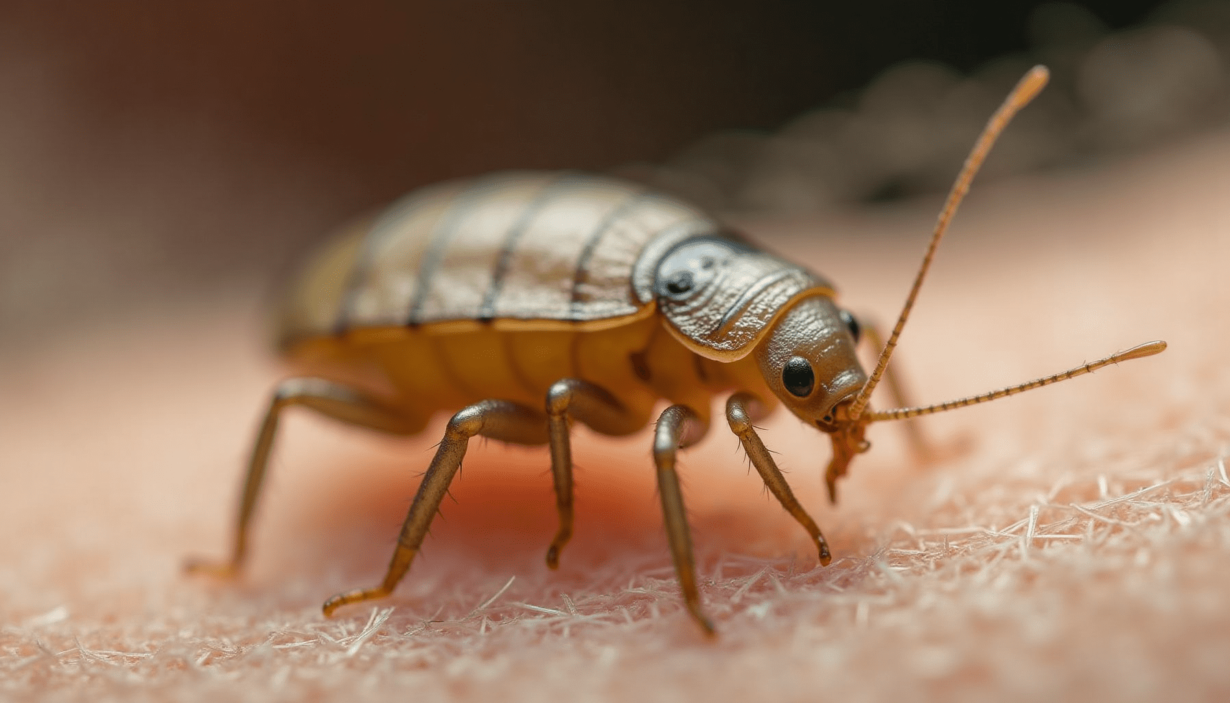 Extreme macro shot of a head louse gripping a human hair strand, showing detailed features relevant to lice removal.