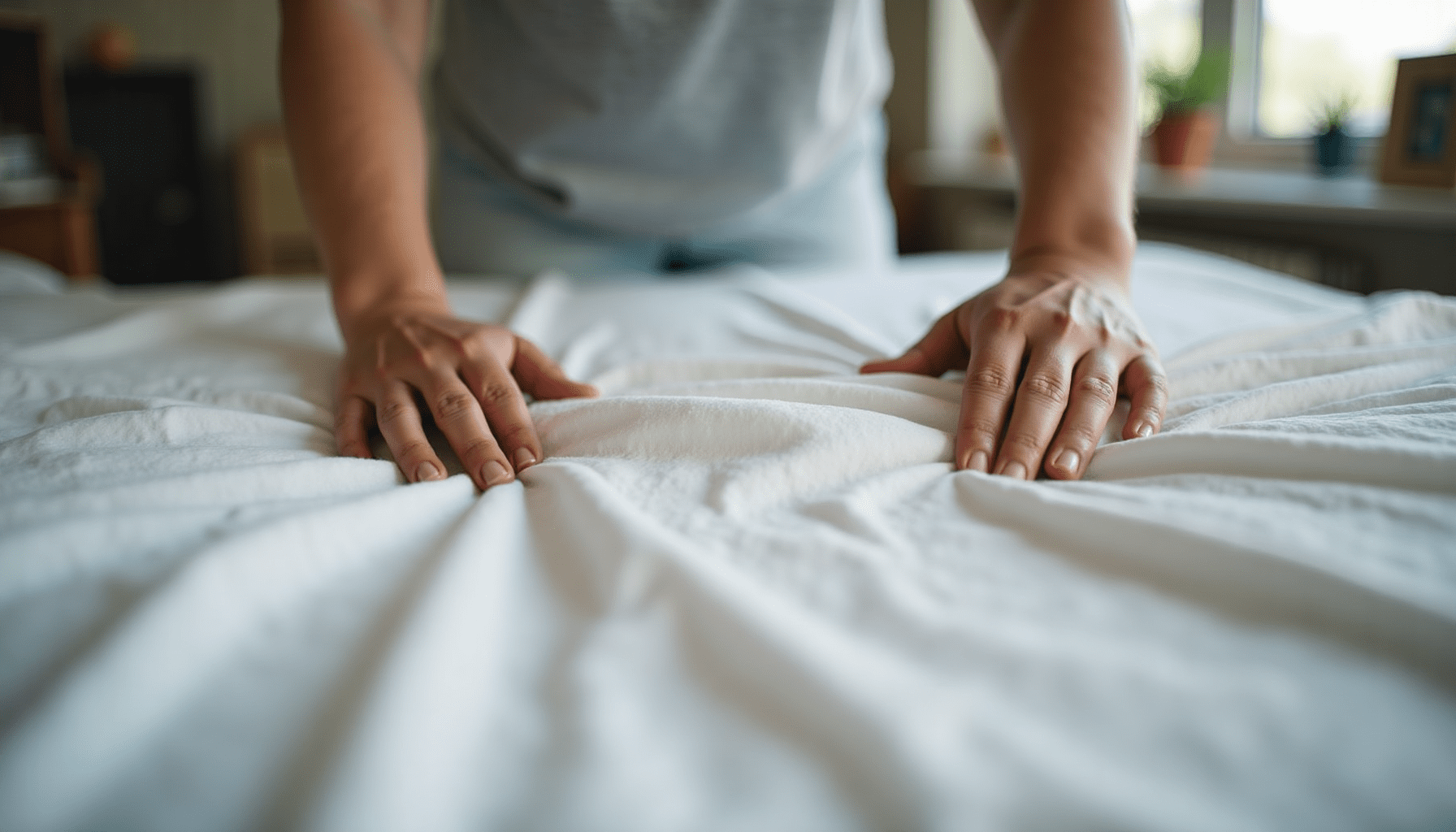 A person folding clean bed sheets in a home setting, demonstrating practical steps for lice laundry and cleaning after lice.