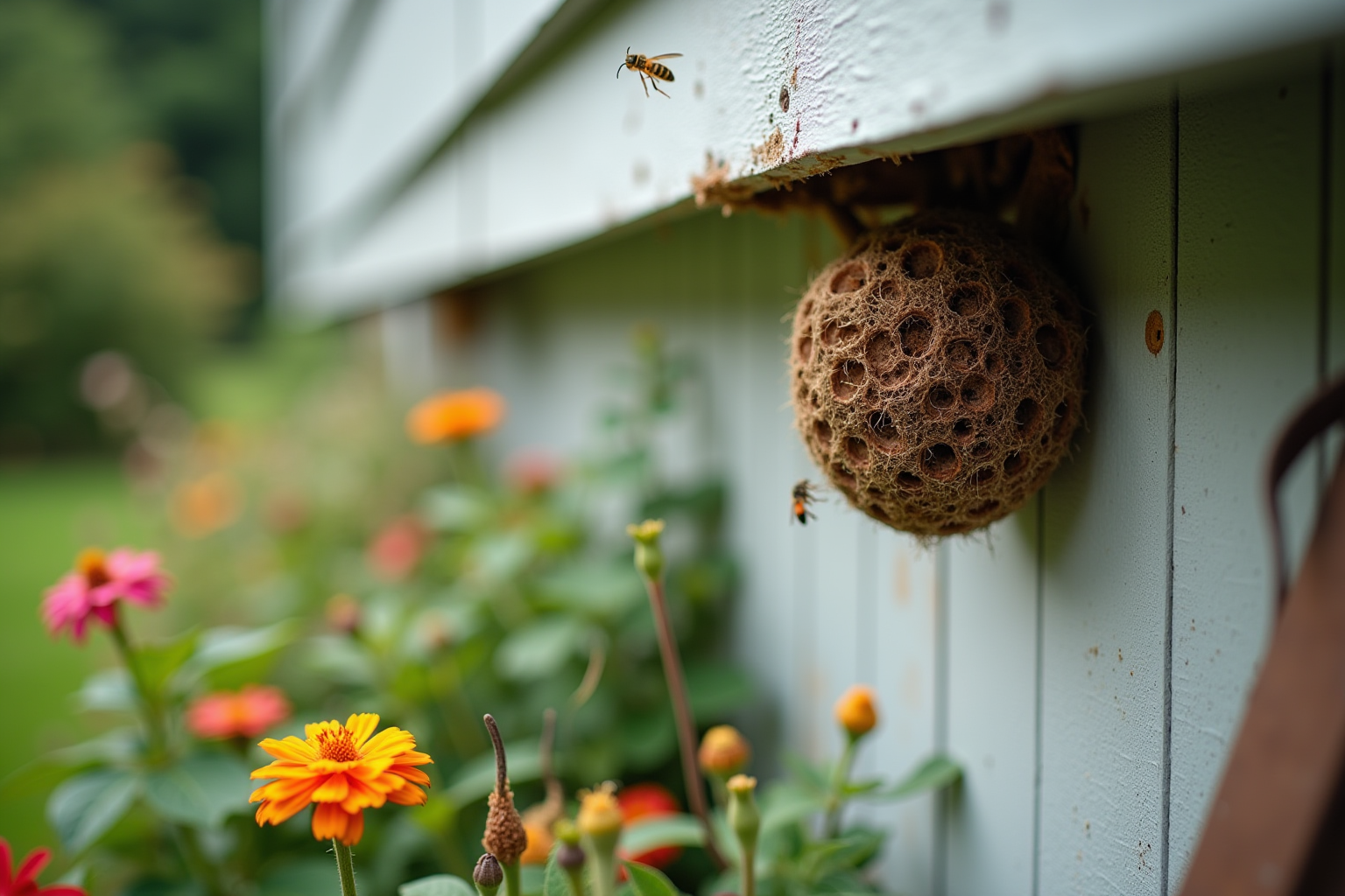 Garden scene with a wasp nest under eaves, showing context for safe removal and pest control.