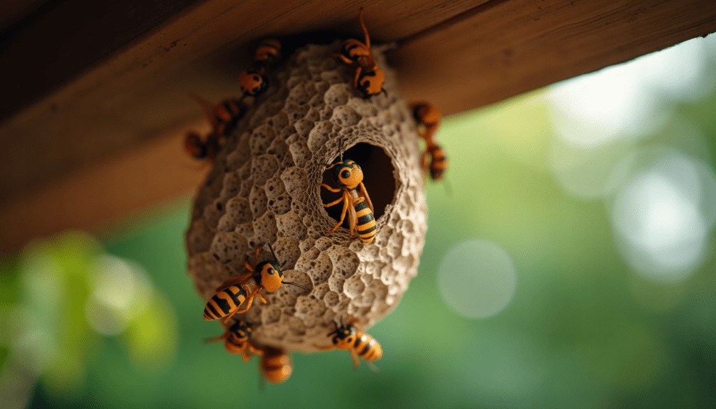 Close-up of a wasp nest with yellow-and-black wasps, showcasing details and textures in natural light.