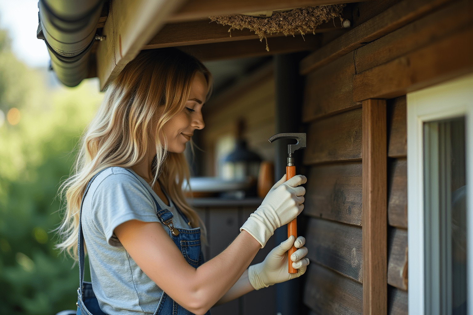 Person inspecting a wasp nest under eaves, demonstrating safe removal techniques in a realistic garden setting.