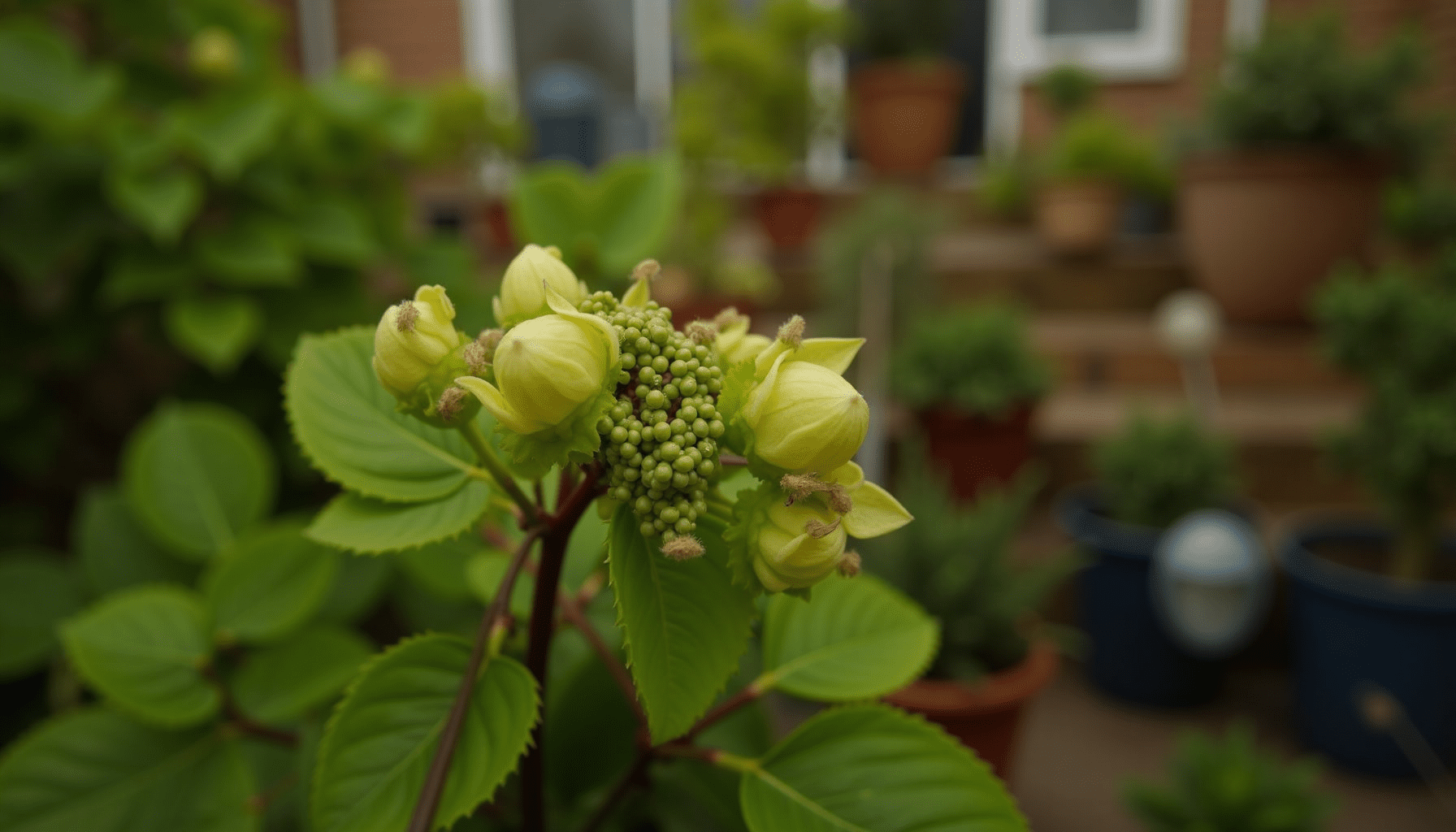 Cluster of green aphids infesting a fuchsia plant in a garden, showing leaf damage for effective aphid control.