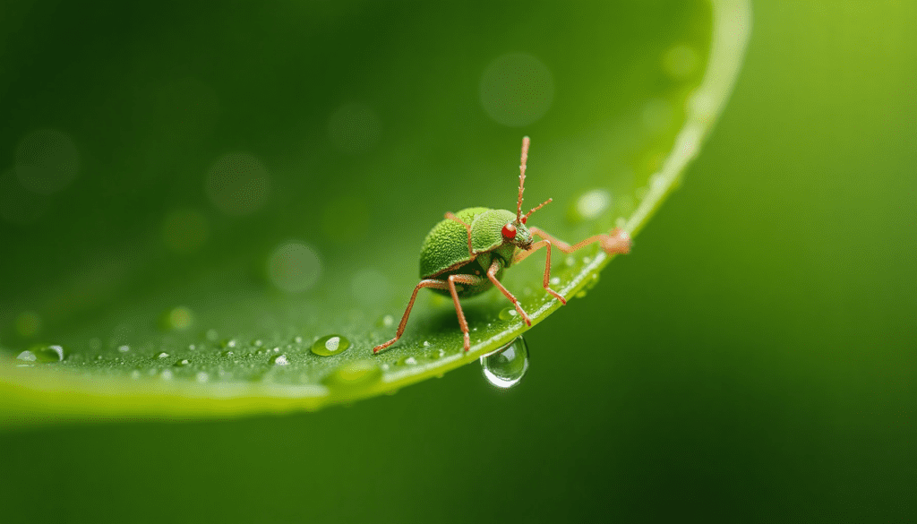 Extreme macro shot of a green aphid on a rose leaf, highlighting its intricate details for effective aphid control.