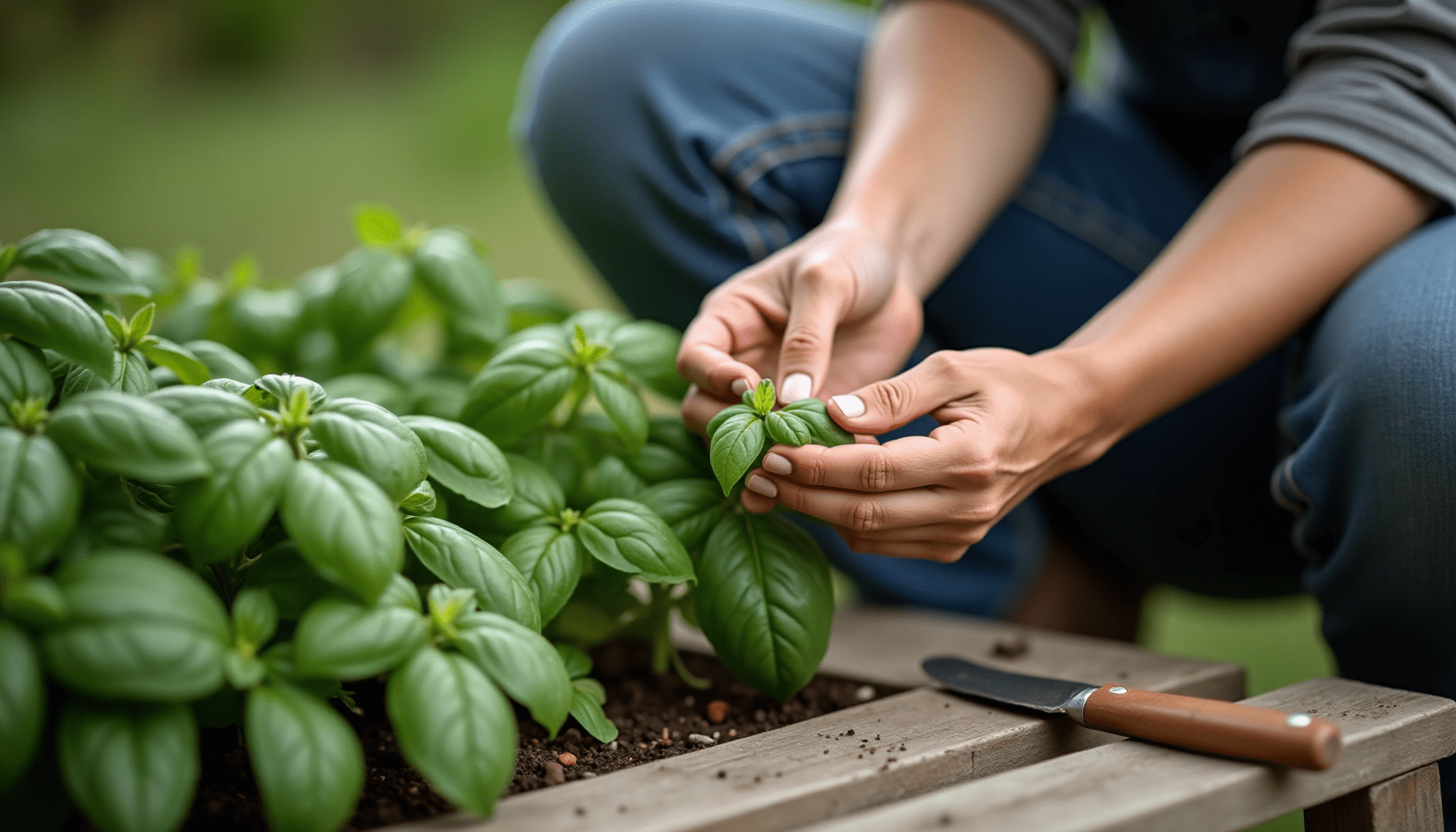 Woman with casual gardening clothes inspecting a basil leaf for pests, demonstrating natural aphid control.