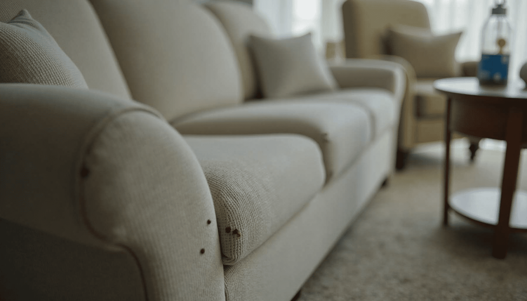 Living room with a couch showing signs of bed bugs, highlighting the treatment environment.
