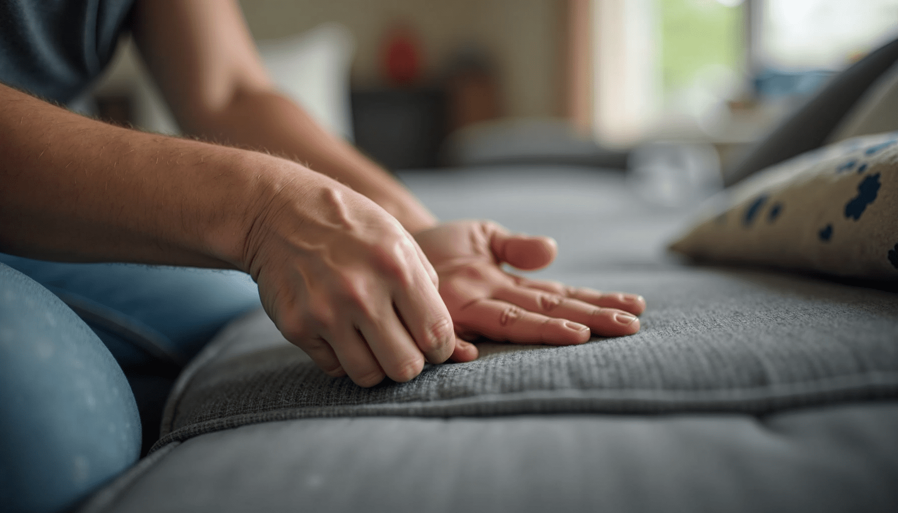 Person inspecting couch seams for bed bugs, capturing the practical approach to pest removal.