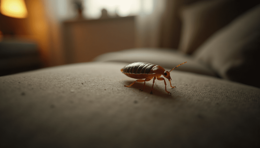 Close-up of a bed bug in a couch seam, highlighting its details and natural habitat.