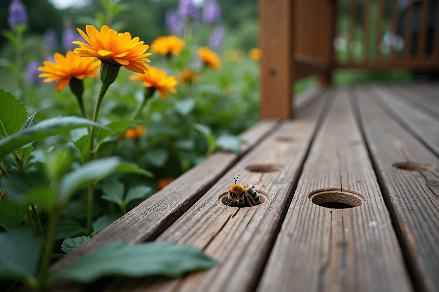 Wooden deck showing carpenter bee holes amidst a garden environment.