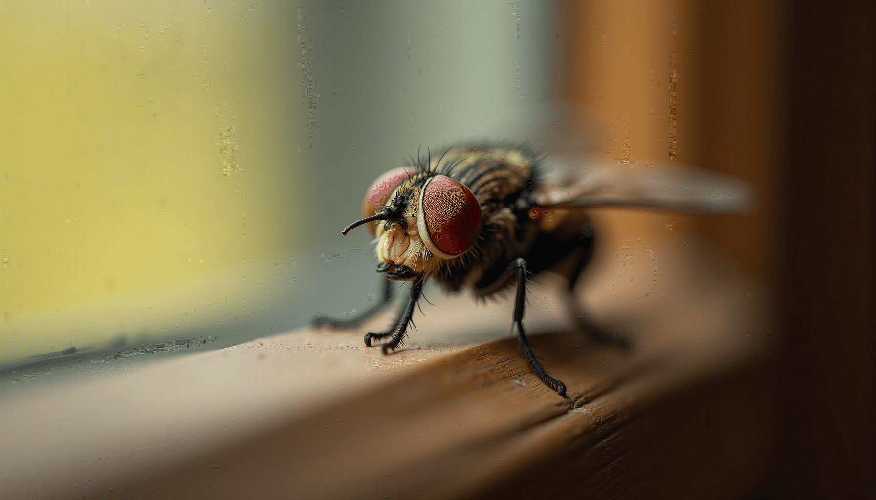 Close-up of a cluster fly on a windowsill, highlighting its details and natural habitat.