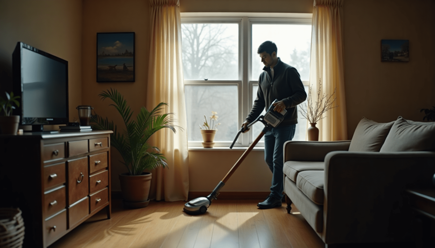 Home interior with a person vacuuming near a window to remove cluster flies in winter.