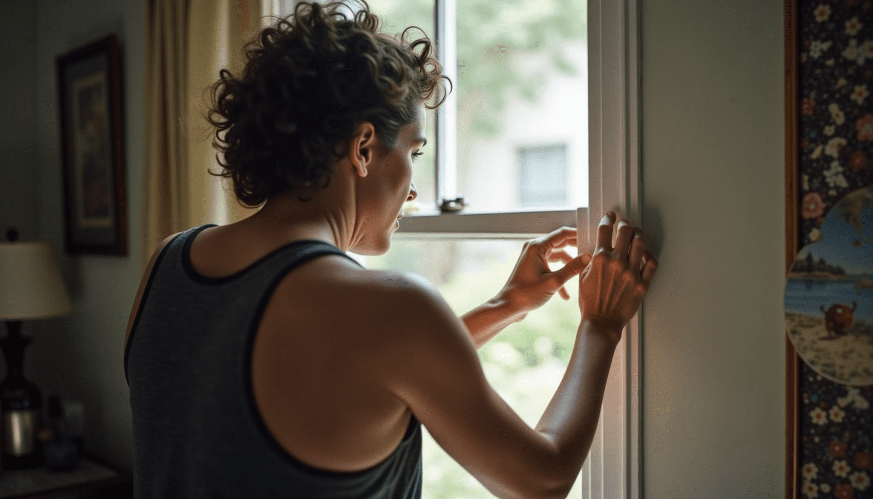 Person inspecting a window for cluster flies and sealing entry points in a realistic home setting.