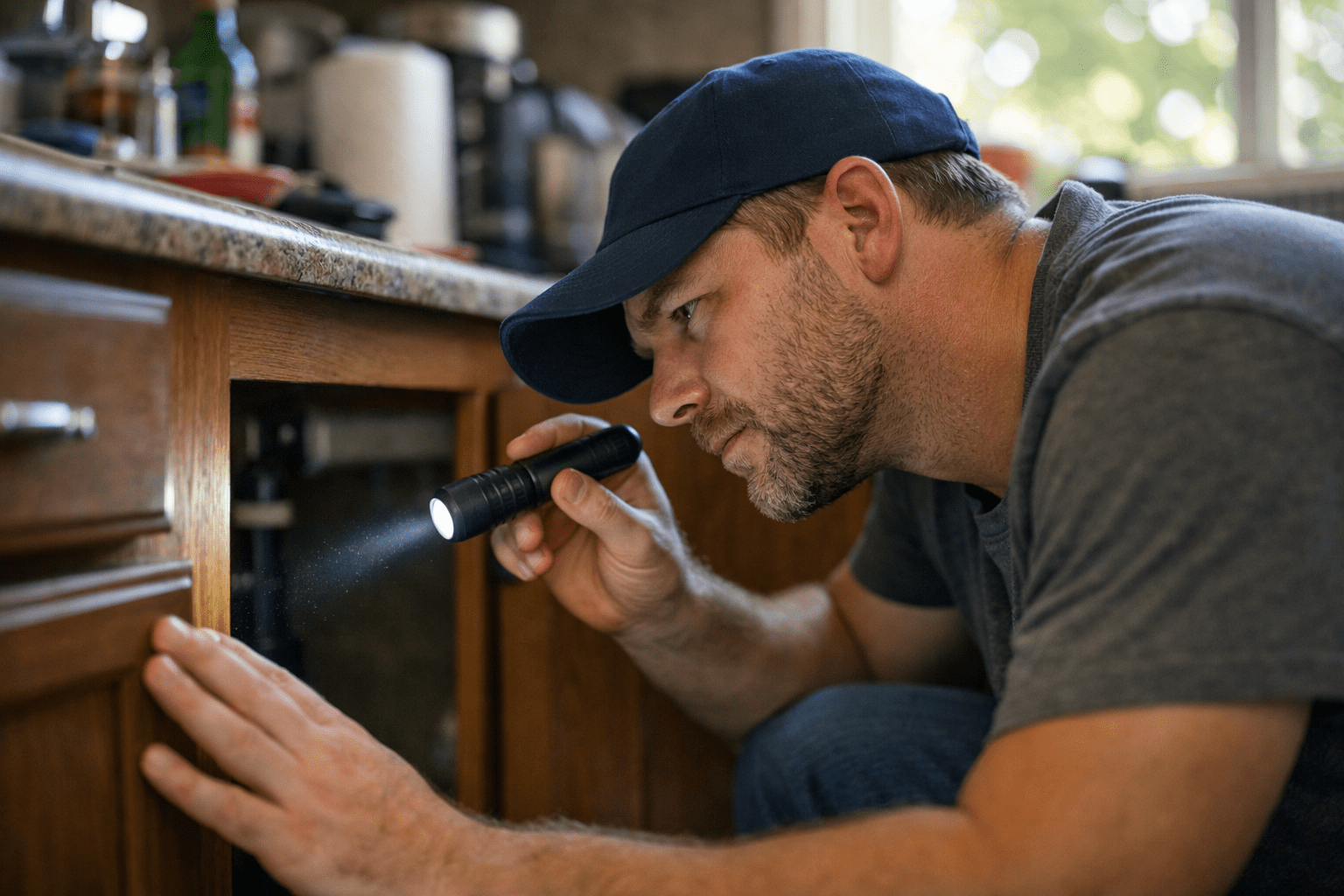 Person inspecting kitchen cabinets with flashlight for cockroach control and elimination