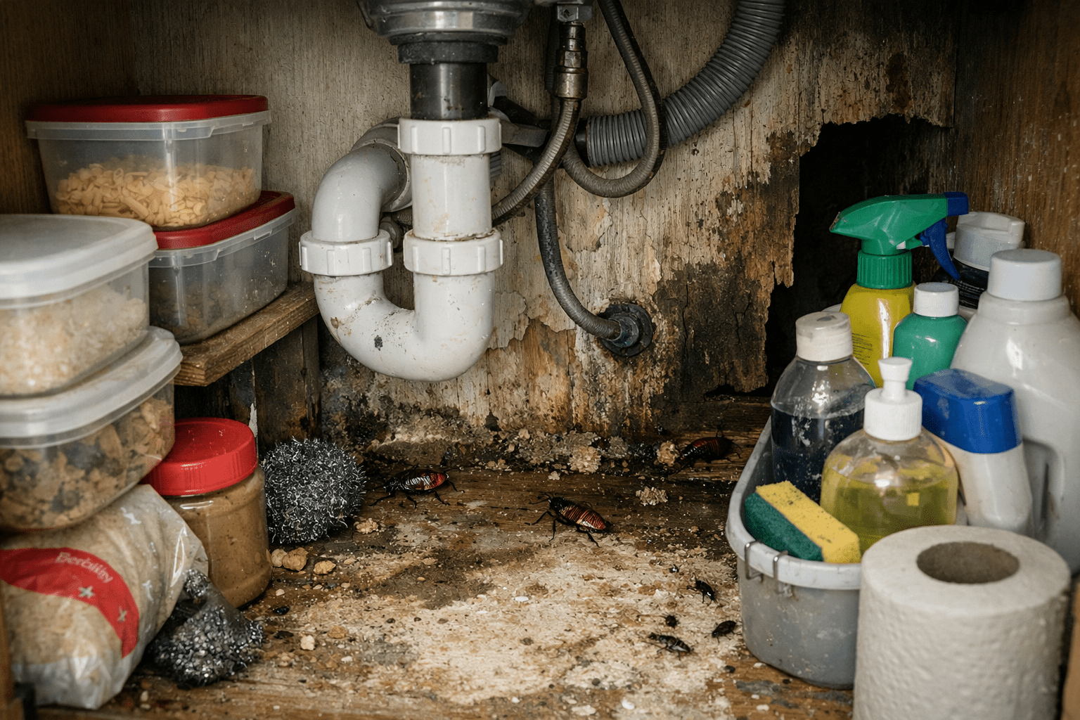 Kitchen under-sink area showing cockroach hiding spots and conditions for pest elimination