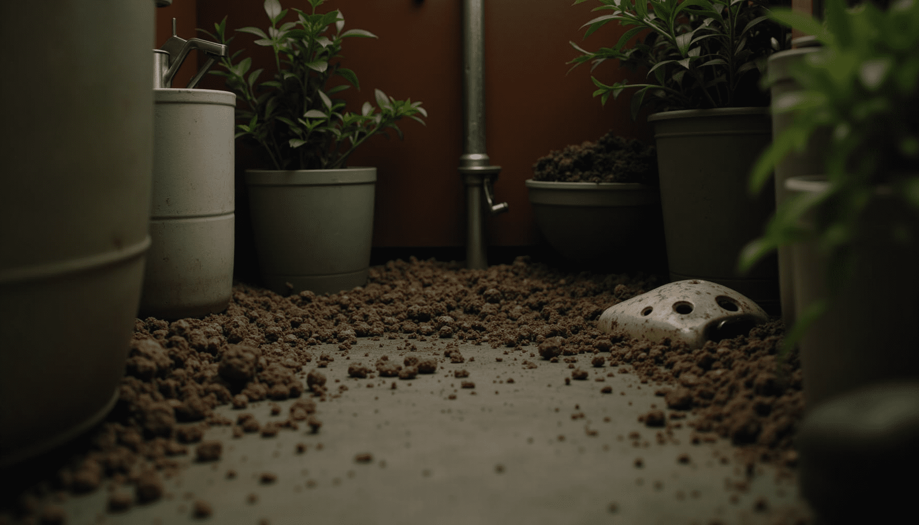 Basement corner illustrating potential cricket habitat with moisture and clutter.
