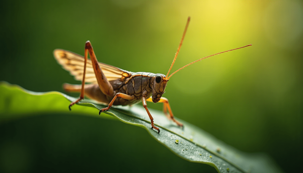 Close-up of a house cricket emphasizing details and textures in its natural habitat.