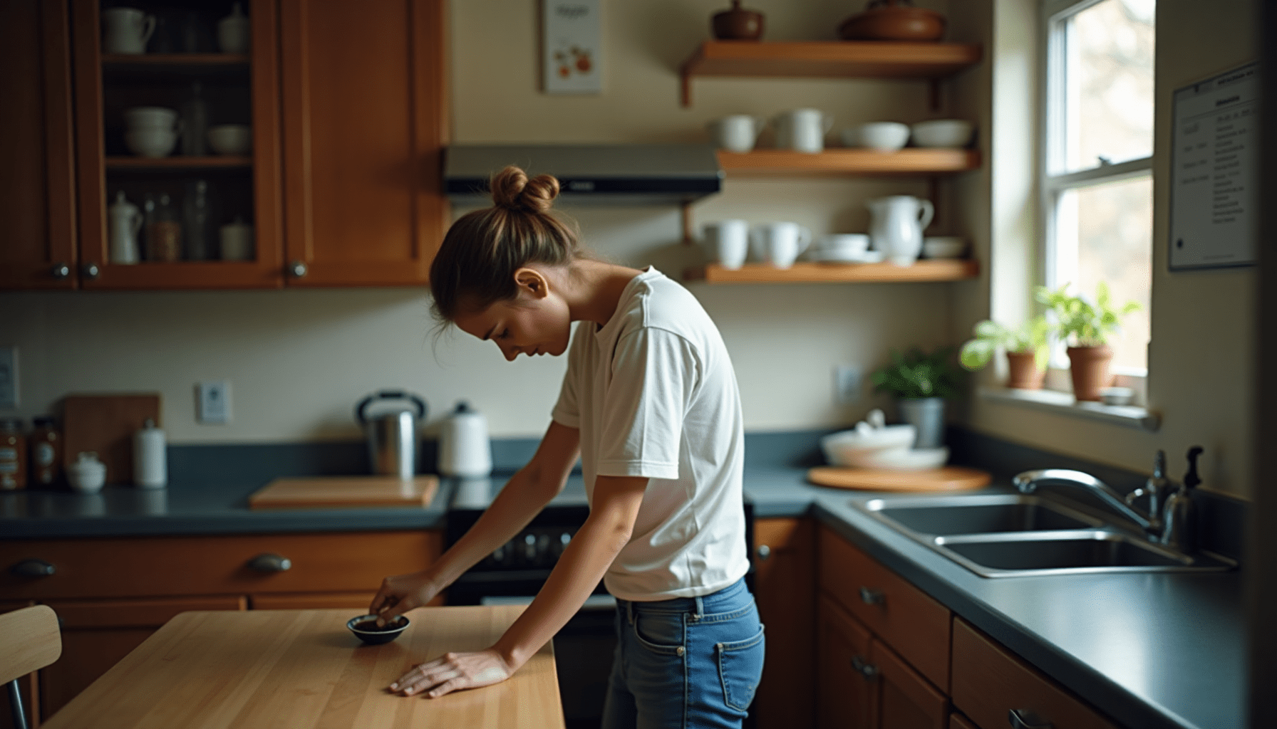 Person inspecting kitchen corner for crickets, highlighting practical pest management.