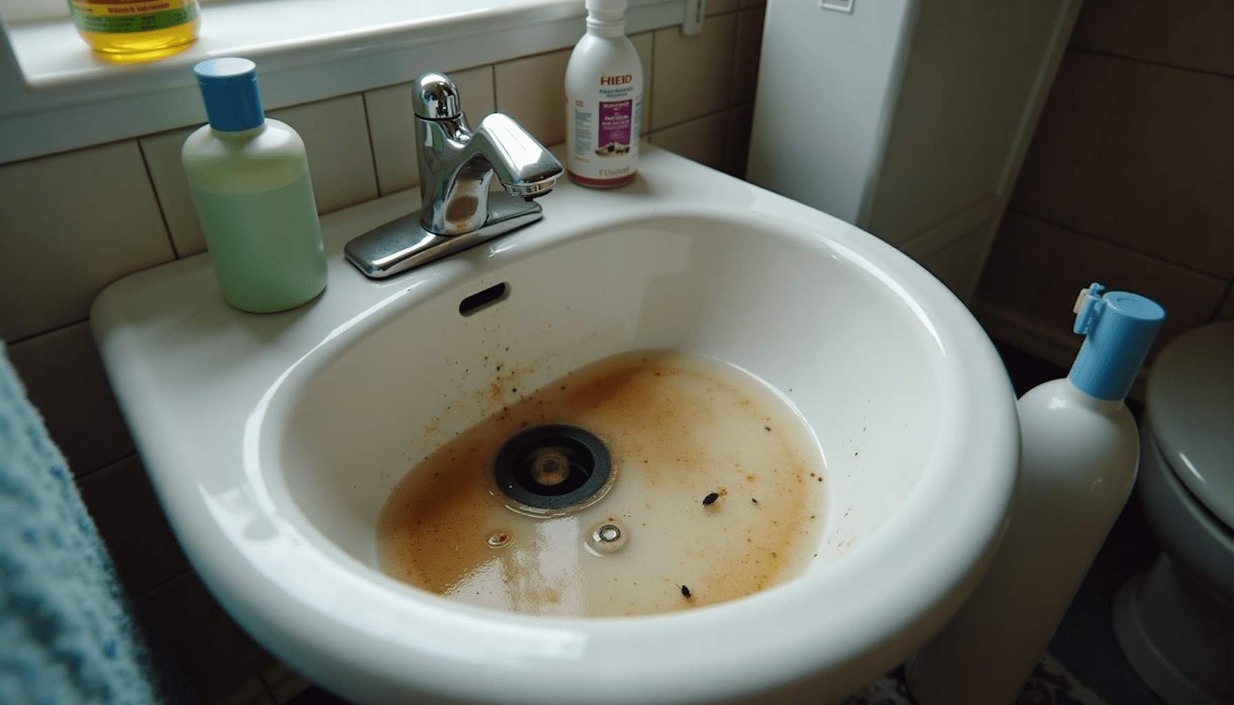 Bathroom sink with cleaning supplies, showing signs of drain fly activity and pest control efforts.