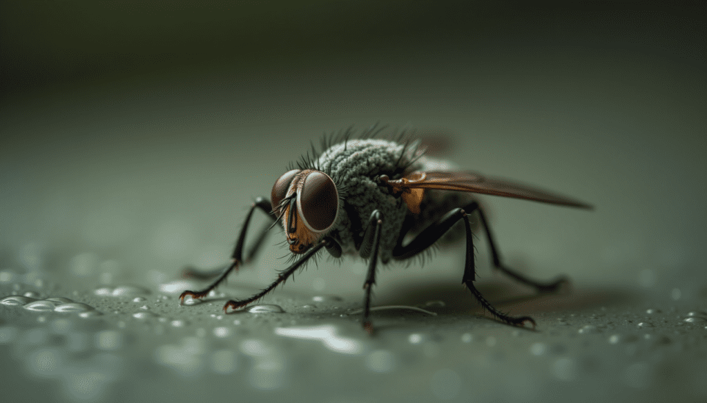 Close-up of a drain fly on a damp surface, highlighting its fuzzy body and delicate wings.