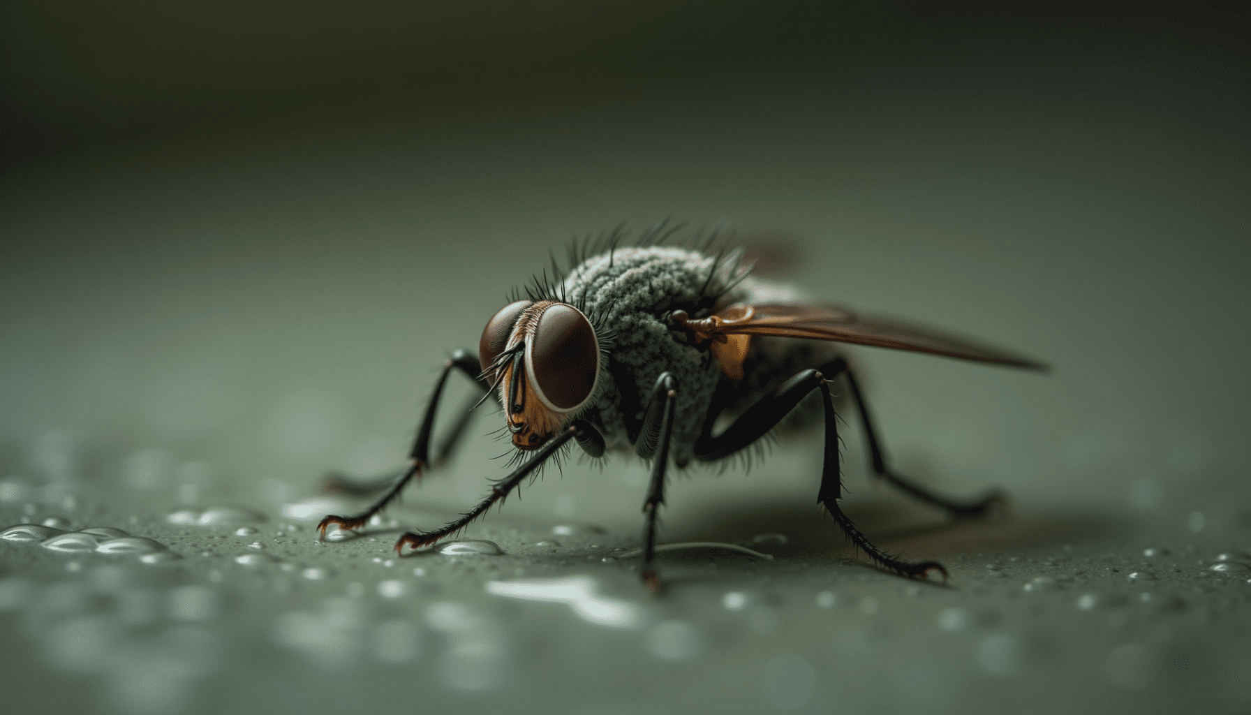 Close-up of a drain fly on a damp surface, highlighting its fuzzy body and delicate wings.