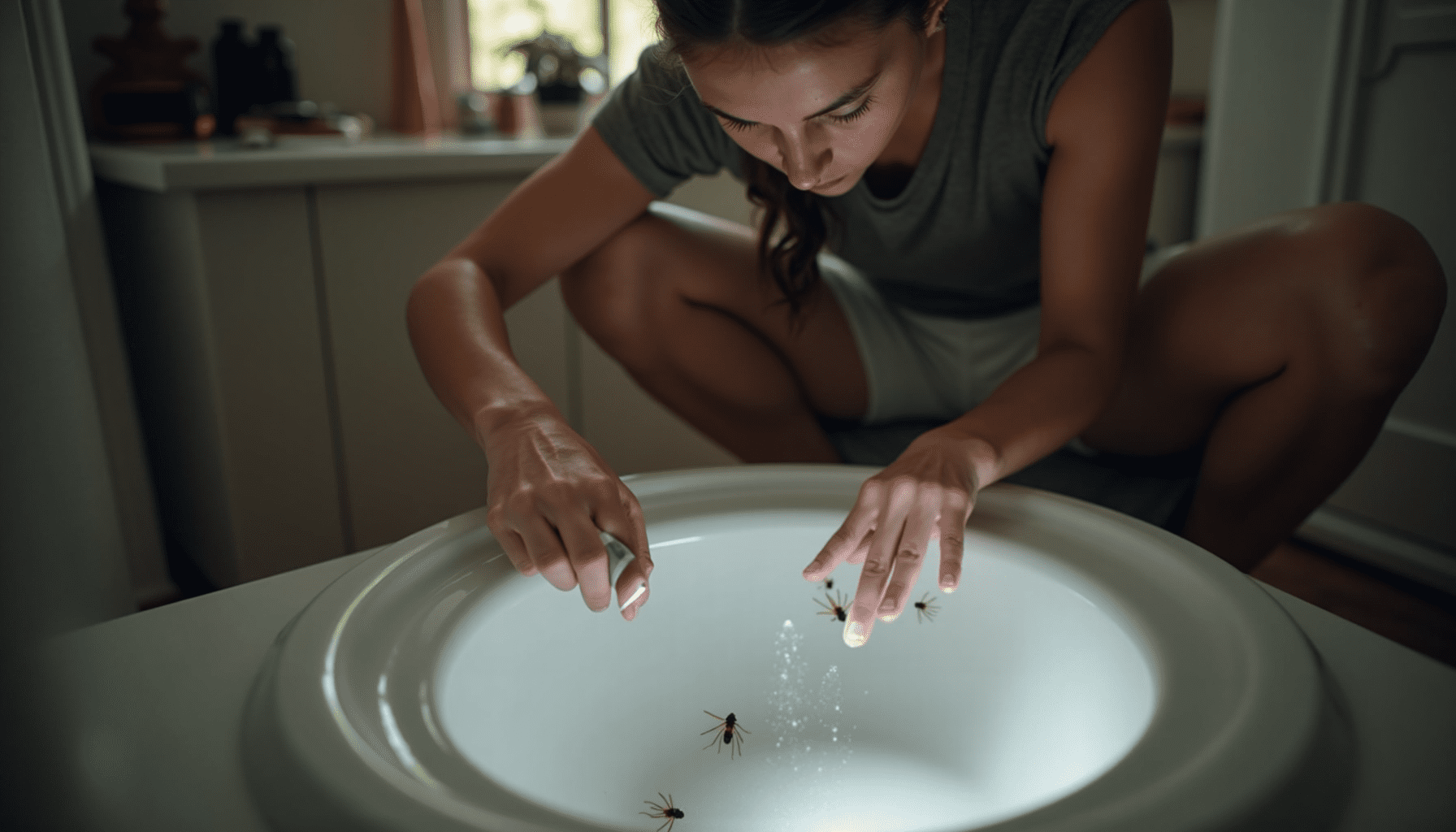 Person inspecting a bathroom drain for drain flies, highlighting practical pest control efforts.