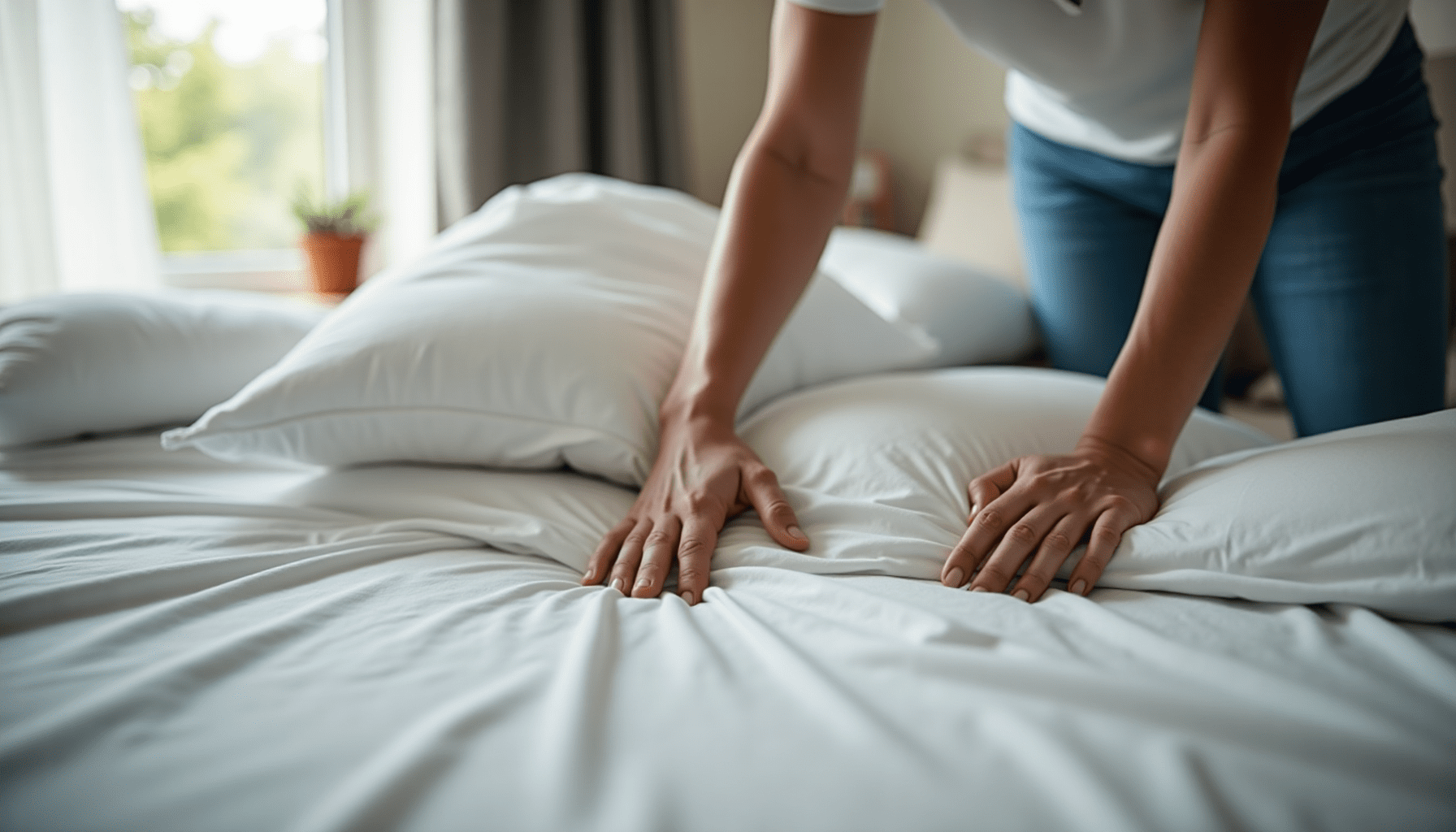 A person changing bed sheets in a bedroom, a practical step to get rid of dust mites and achieve allergy relief.