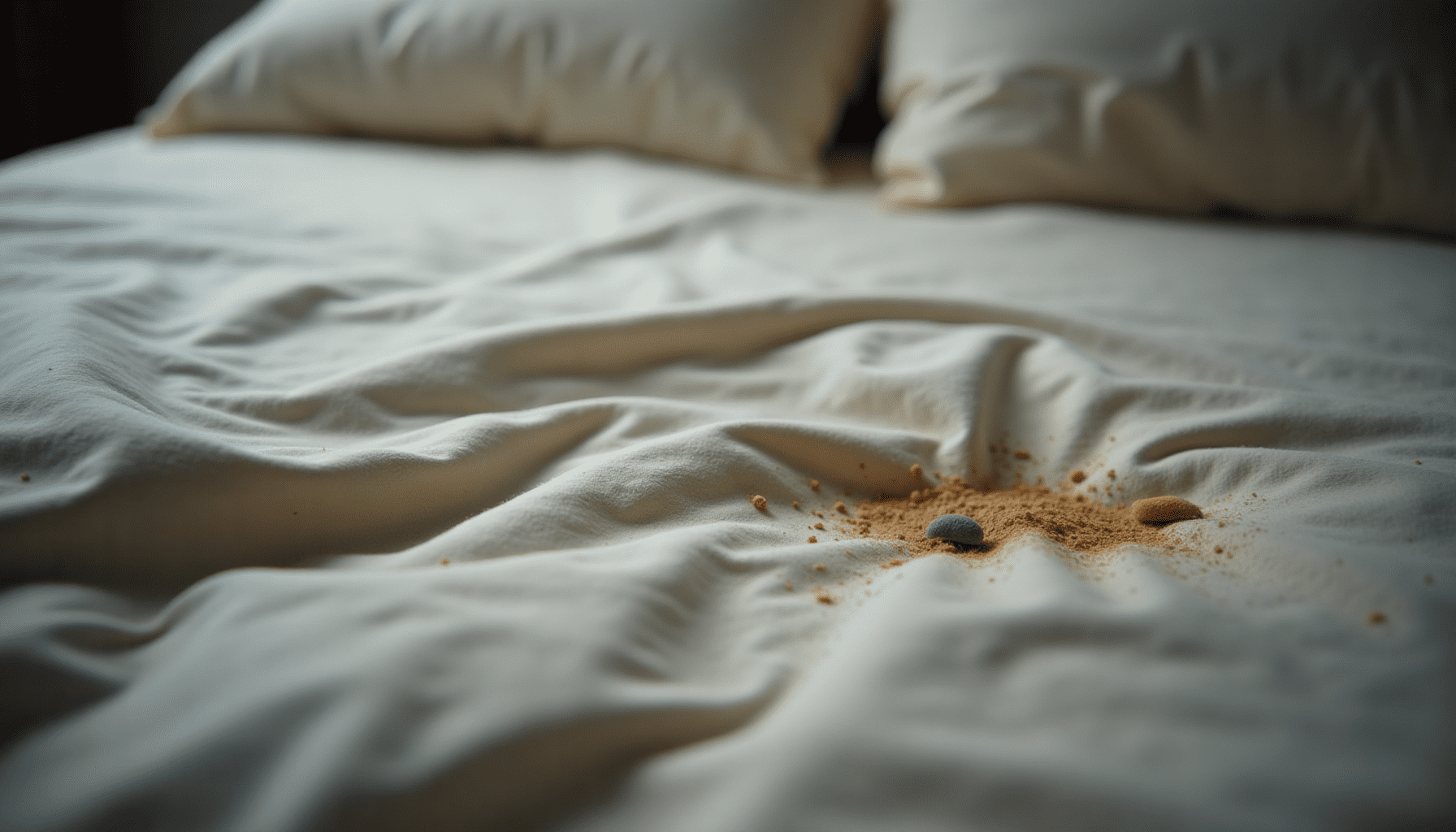 A rumpled, slightly dusty bed, illustrating a typical dust mite habitat and the need for dust mite control.