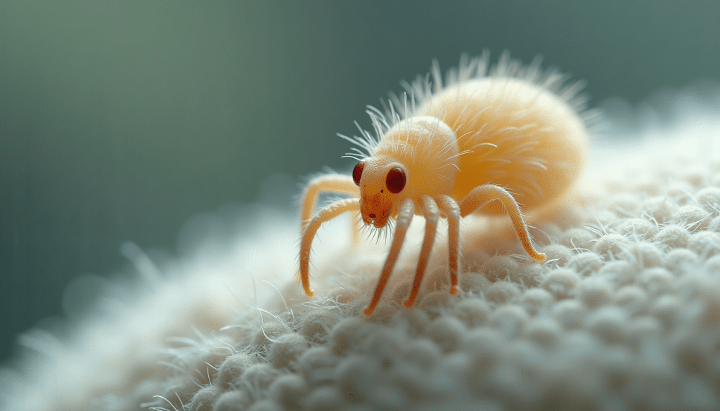 Dramatic macro close-up of a dust mite on a fabric fiber, showing intricate body details and legs, for allergy guide.