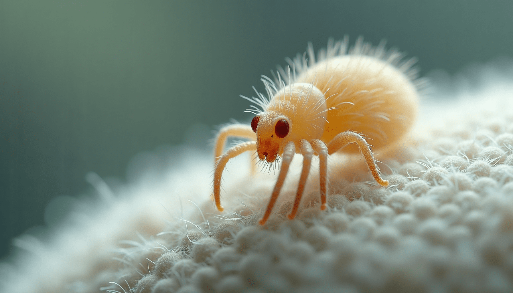 Dramatic macro close-up of a dust mite on a fabric fiber, showing intricate body details and legs, for allergy guide.