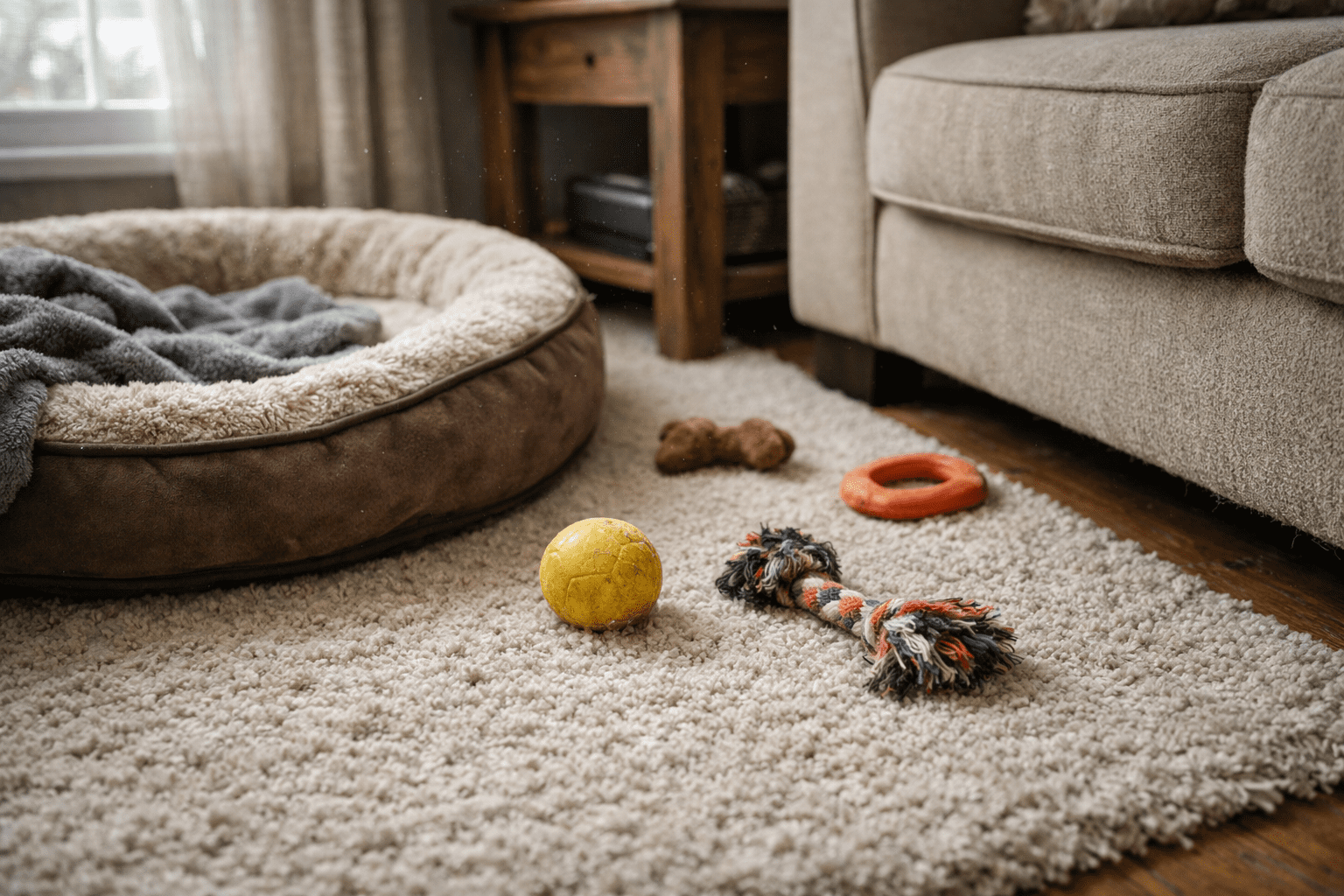 Home interior showing pet bedding and carpet areas where household fleas commonly hide and breed indoors