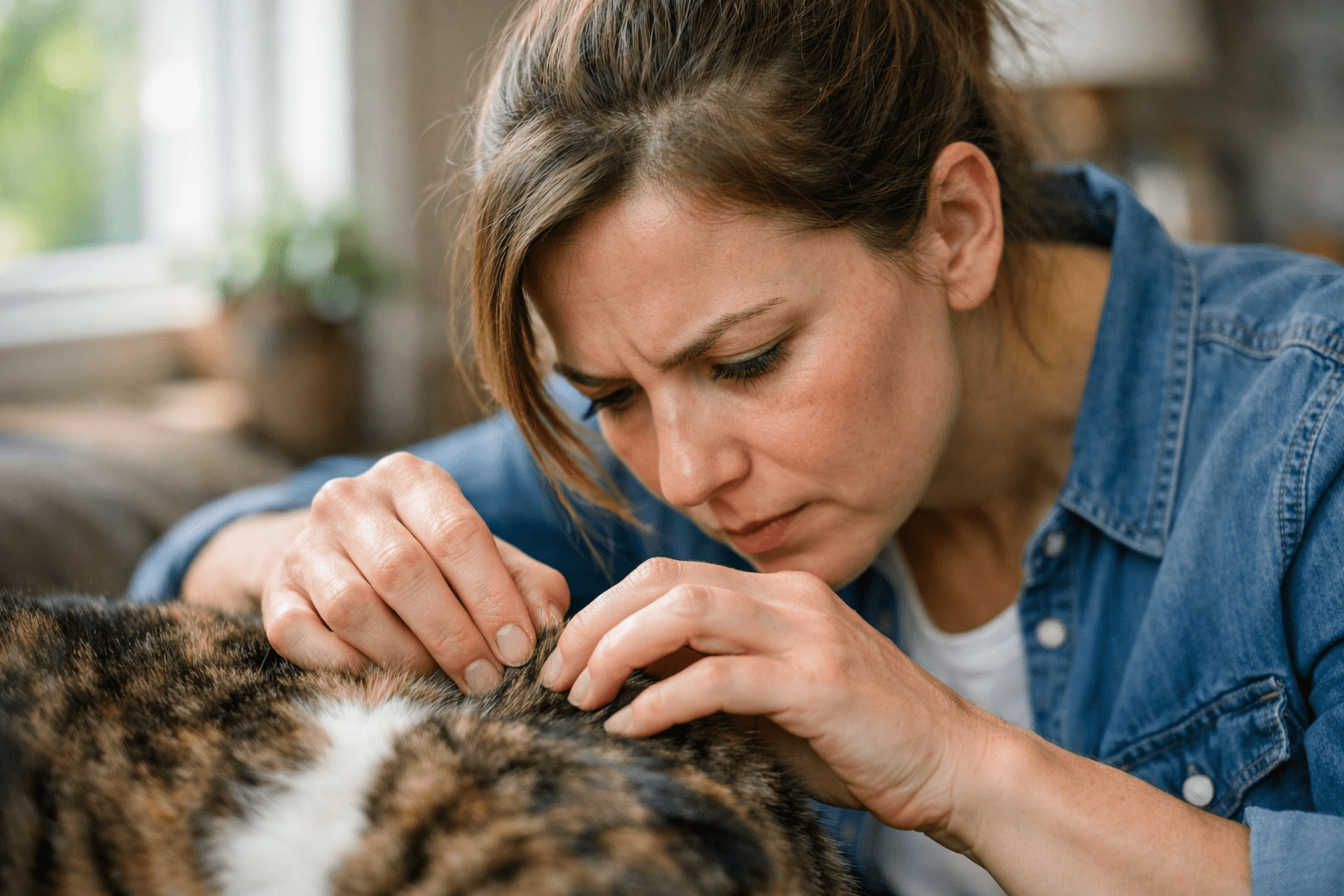 Person inspecting pet fur for fleas as part of household flea control and removal process at home